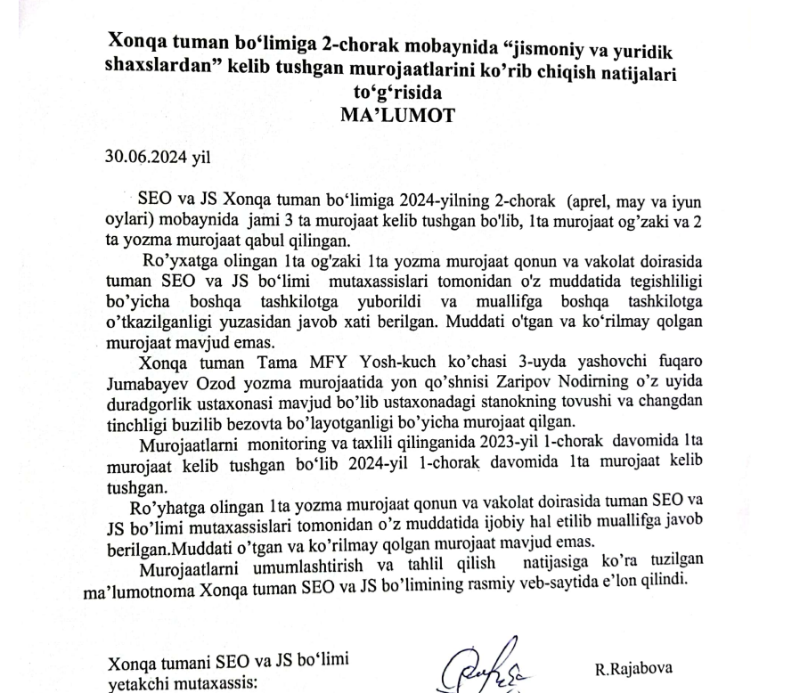2-chorak mobaynida kelib tushgan murojaatlar